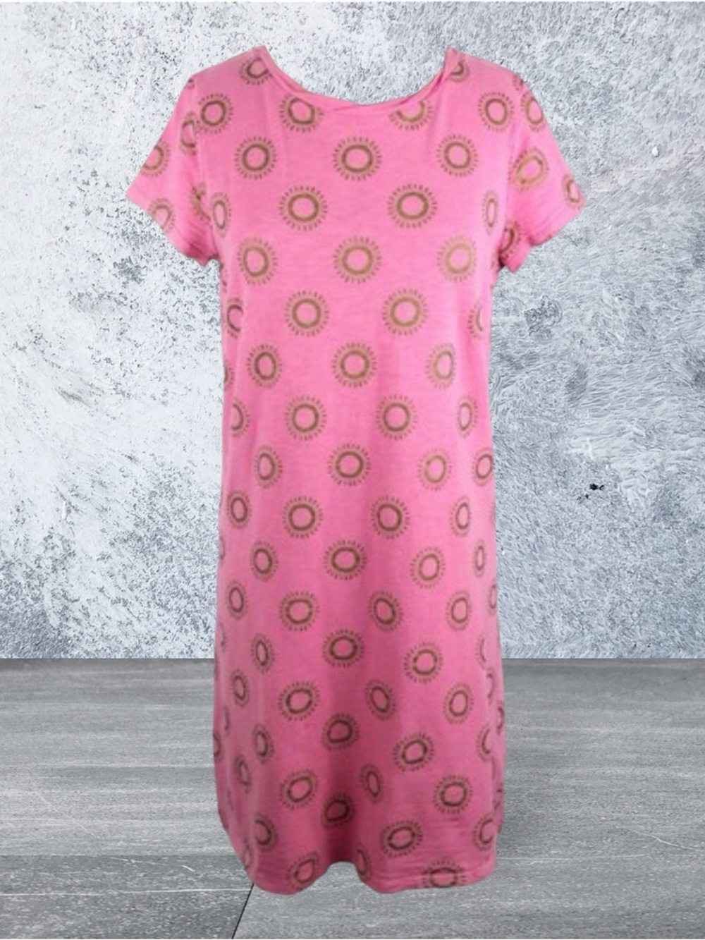 Pink Short Sleeve Shift Dress with Circular Print